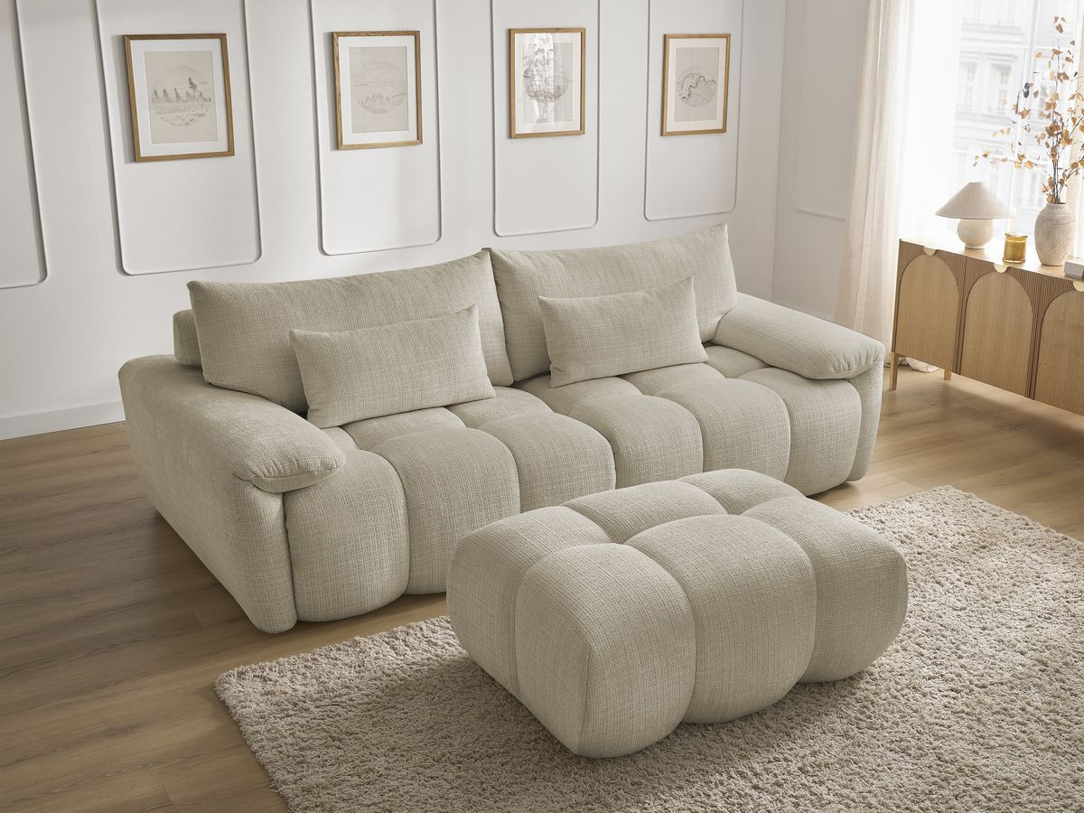 Canapé droit fixe 3 places IVANE tissu texturé avec pouf