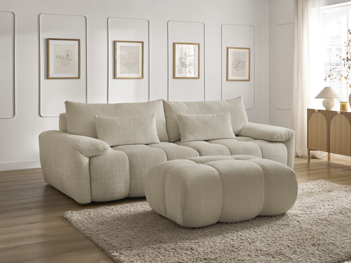 Canapé droit fixe 3 places IVANE tissu texturé avec pouf