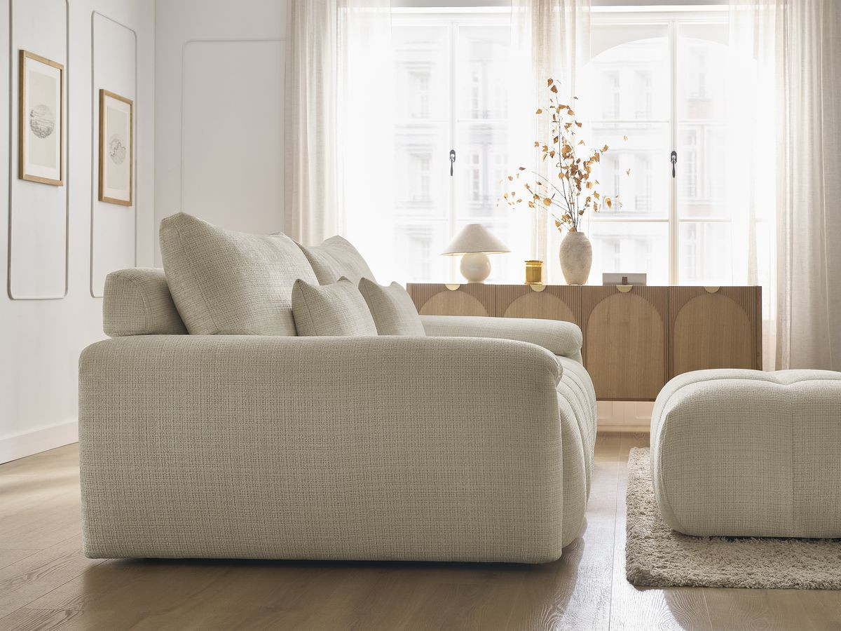 Canapé droit fixe 3 places IVANE tissu texturé avec pouf