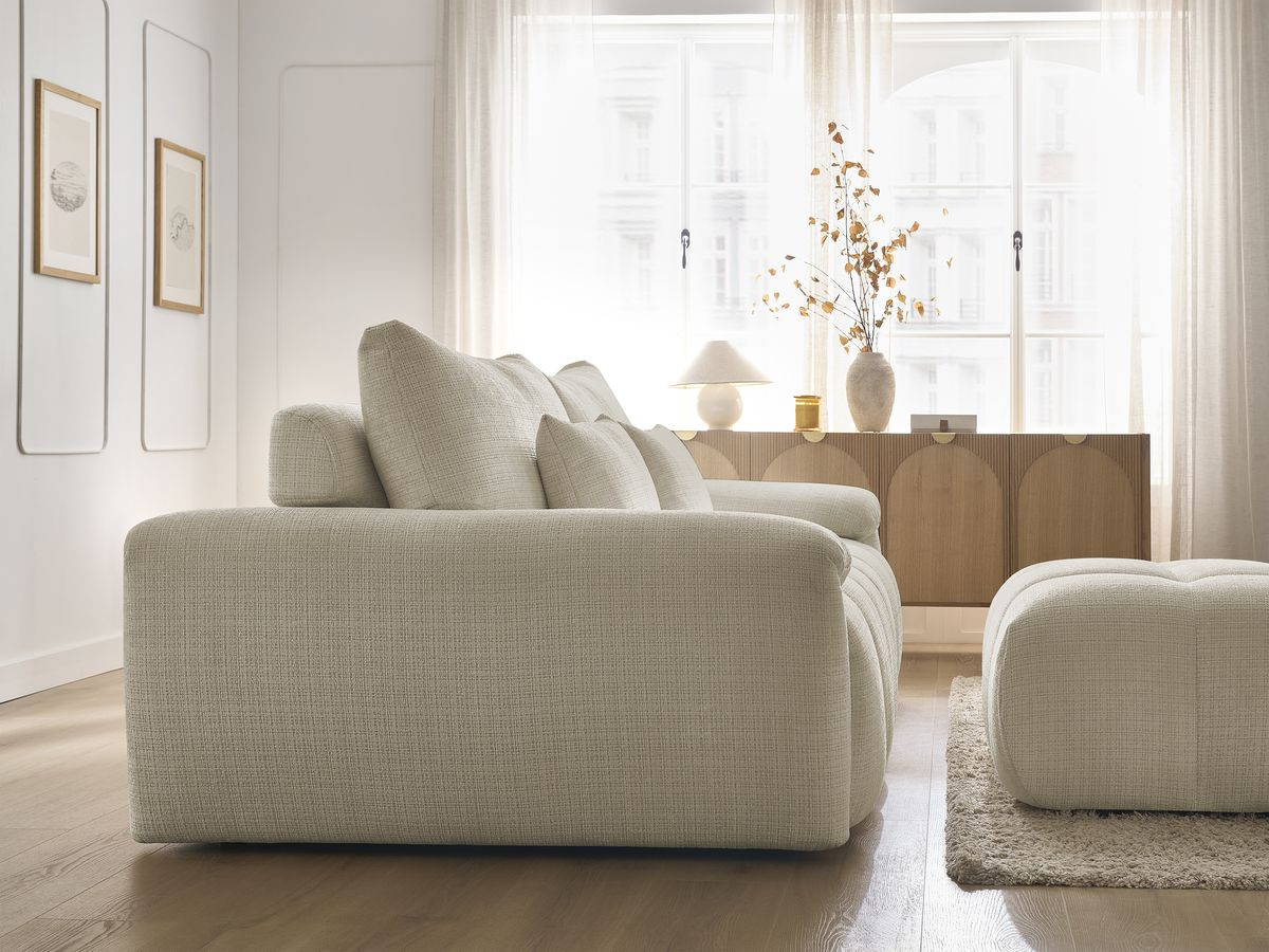 Canapé droit fixe 3 places IVANE tissu texturé avec pouf