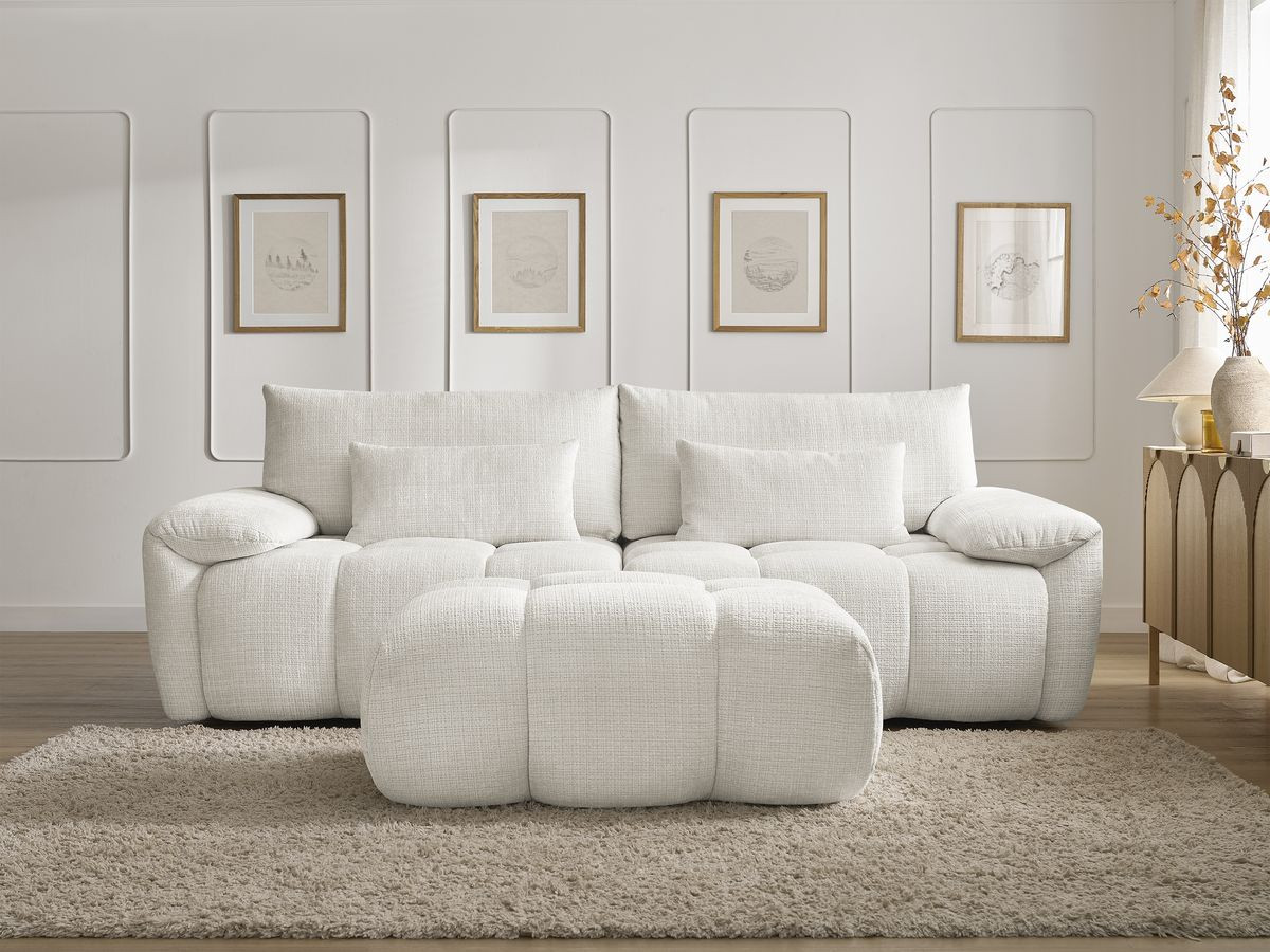 Canapé droit fixe 3 places IVANE tissu texturé avec pouf