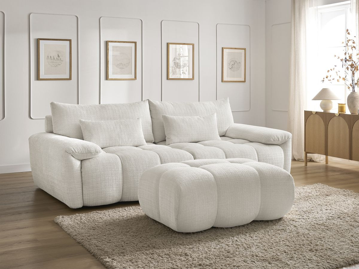 Canapé droit fixe 3 places IVANE tissu texturé avec pouf
