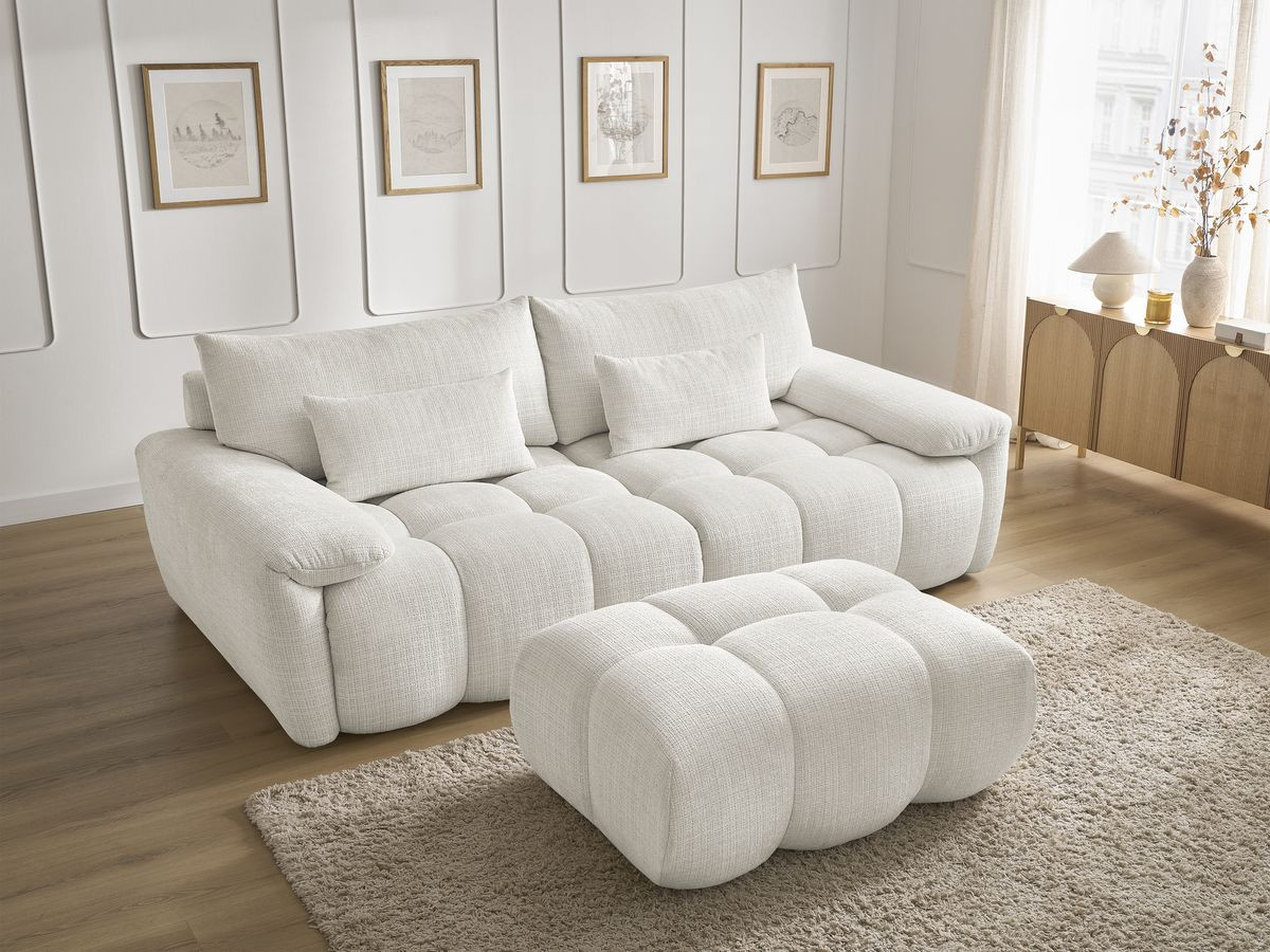 Canapé droit fixe 3 places IVANE tissu texturé avec pouf