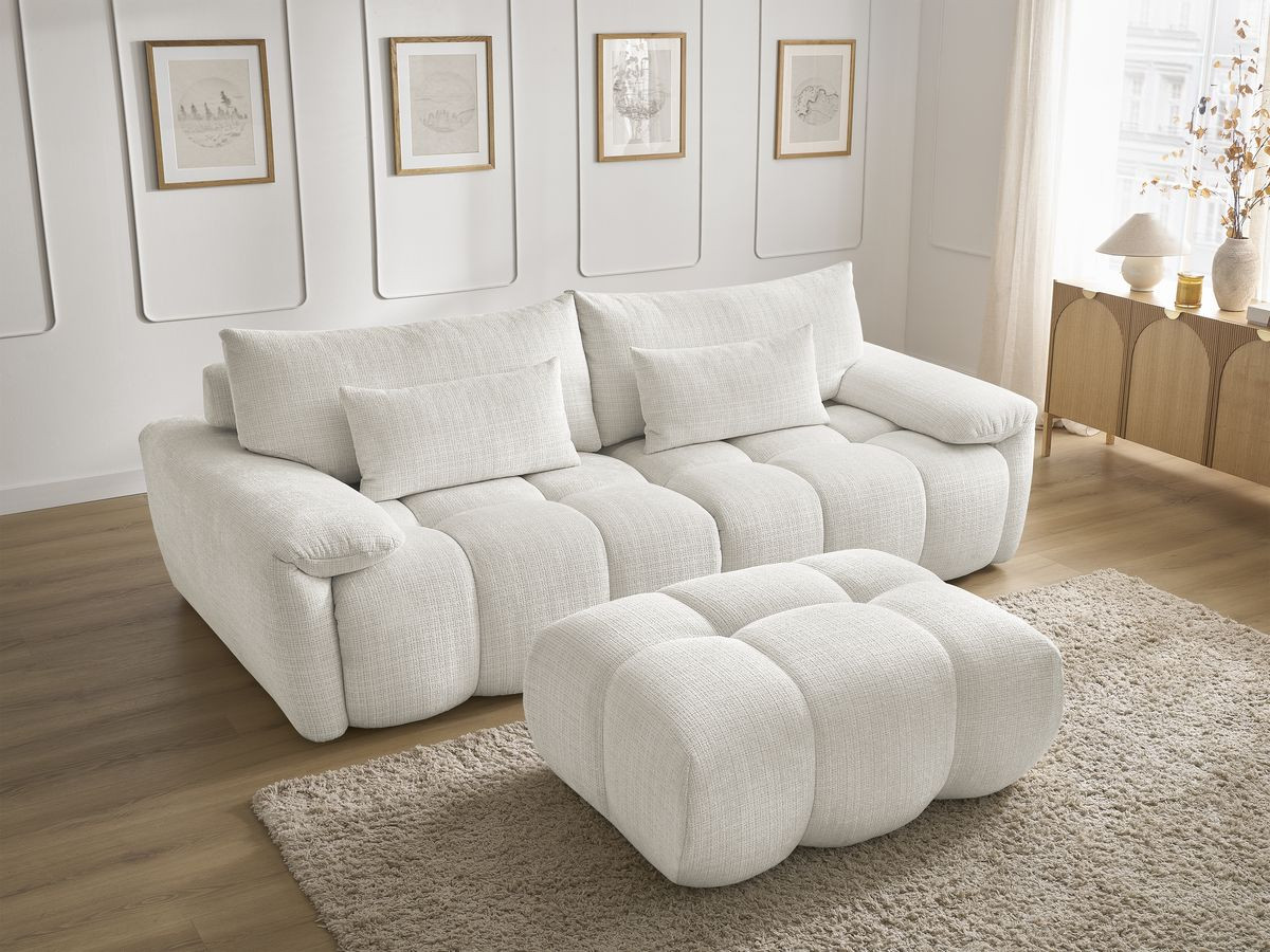 Canapé droit fixe 3 places IVANE tissu texturé avec pouf