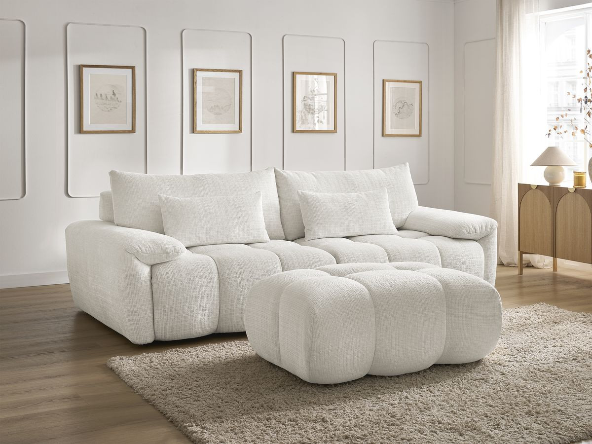 Canapé droit fixe 3 places IVANE tissu texturé avec pouf