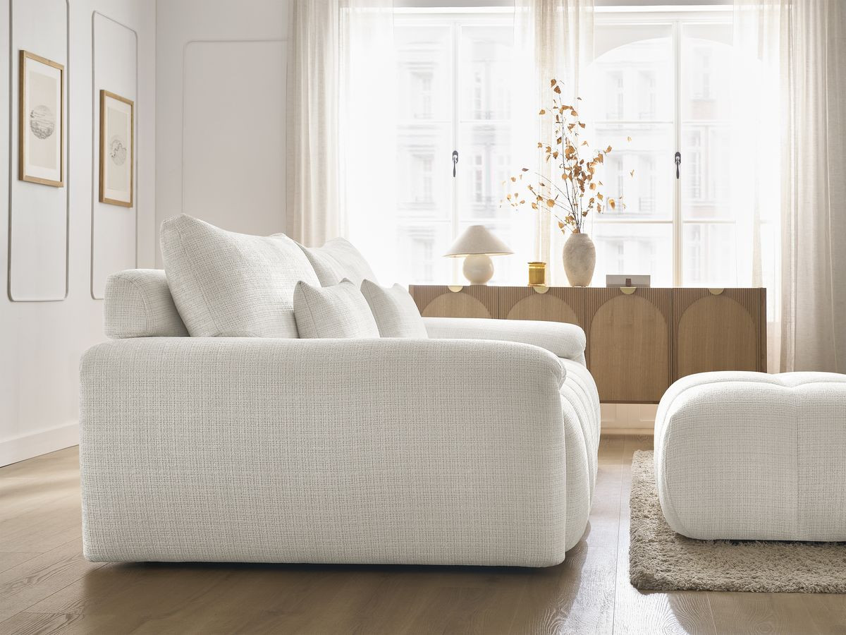 Canapé droit fixe 3 places IVANE tissu texturé avec pouf
