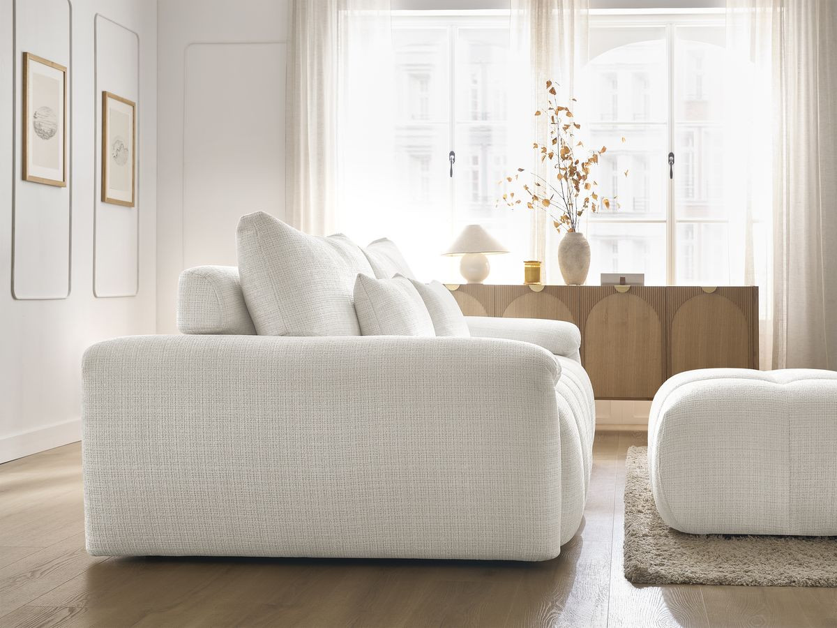 Canapé droit fixe 3 places IVANE tissu texturé avec pouf