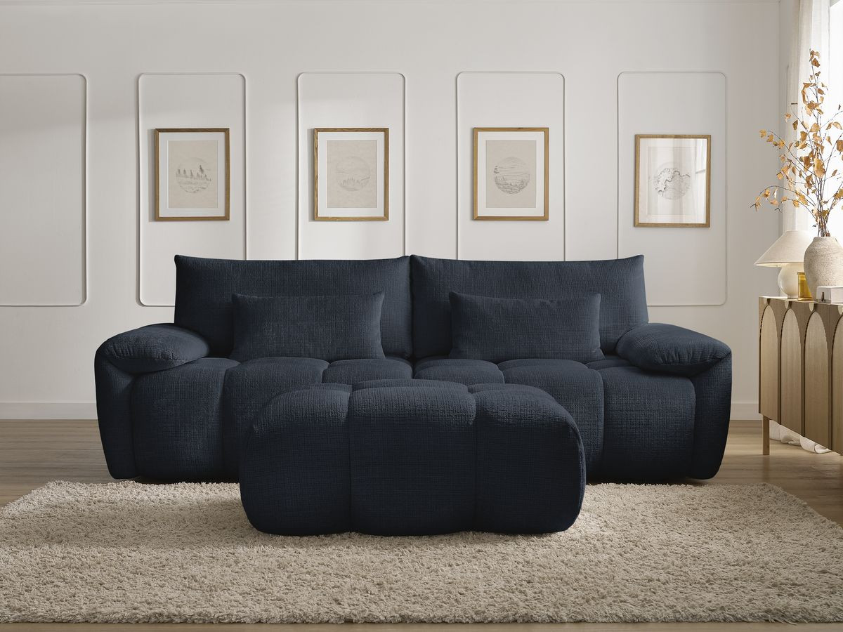 Canapé droit 3 places IVANE texturé avec pouf bleu foncé — vue 5