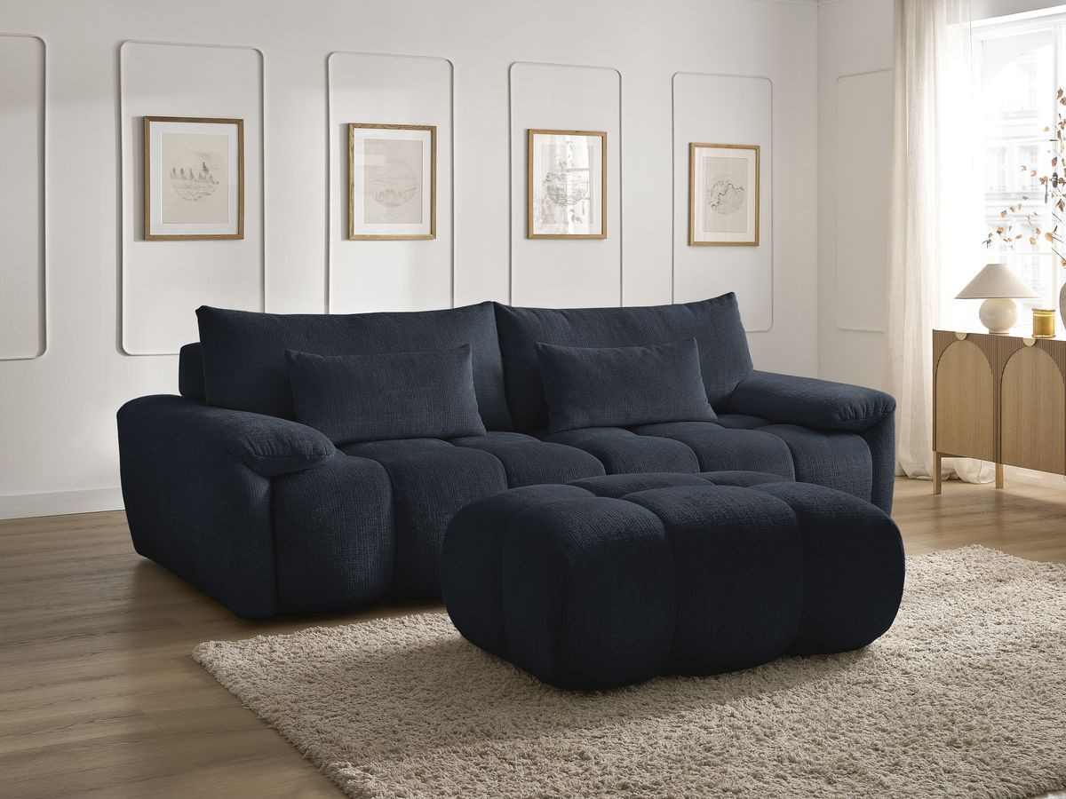 Canapé droit fixe 3 places IVANE tissu texturé avec pouf