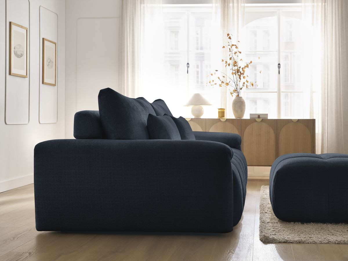 Canapé droit fixe 3 places IVANE tissu texturé avec pouf