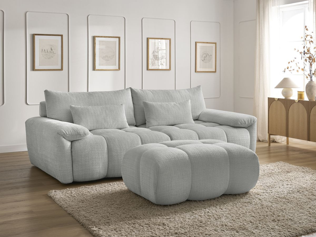 Canapé droit fixe 3 places IVANE tissu texturé avec pouf
