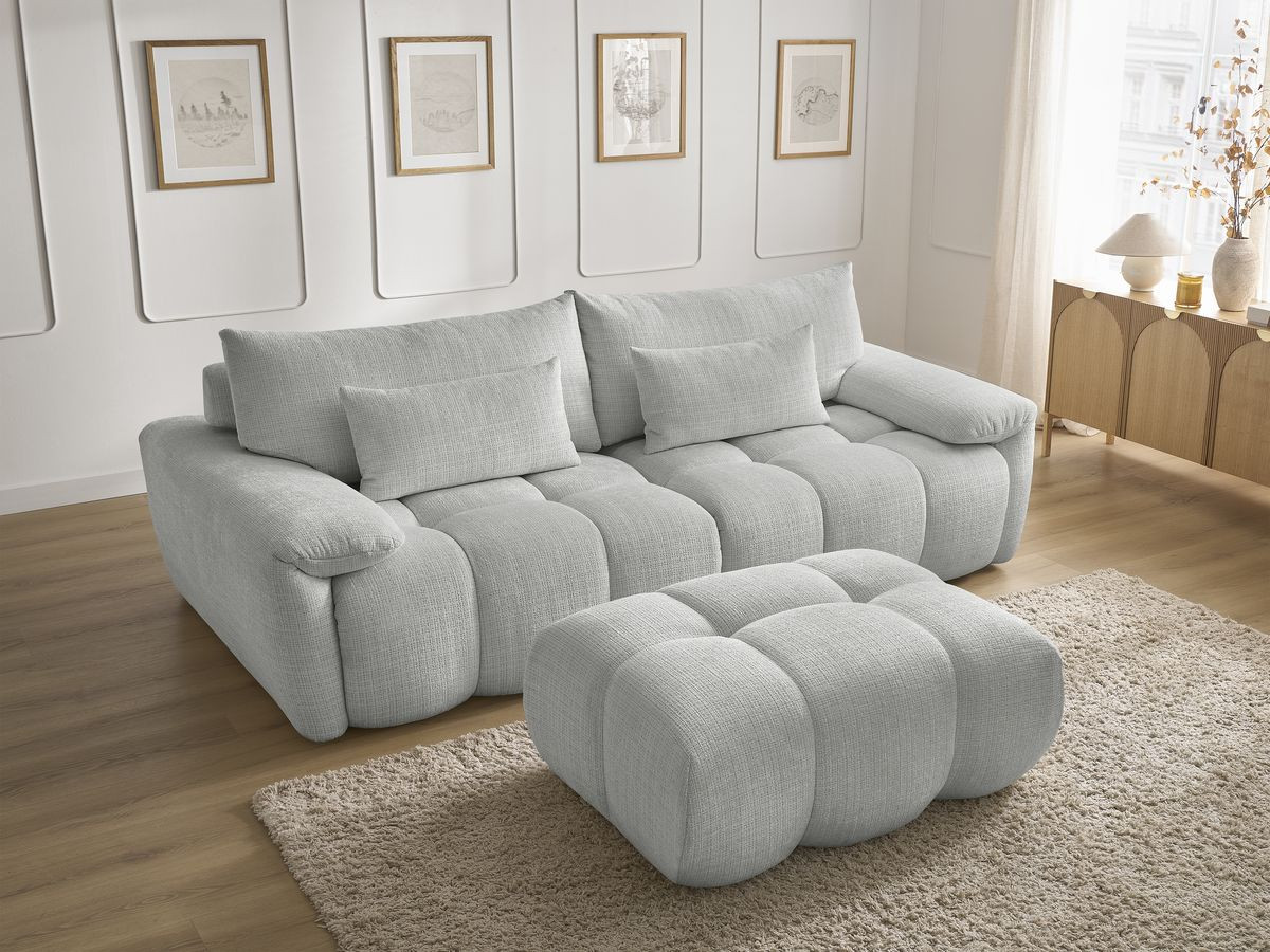 Canapé droit fixe 3 places IVANE tissu texturé avec pouf