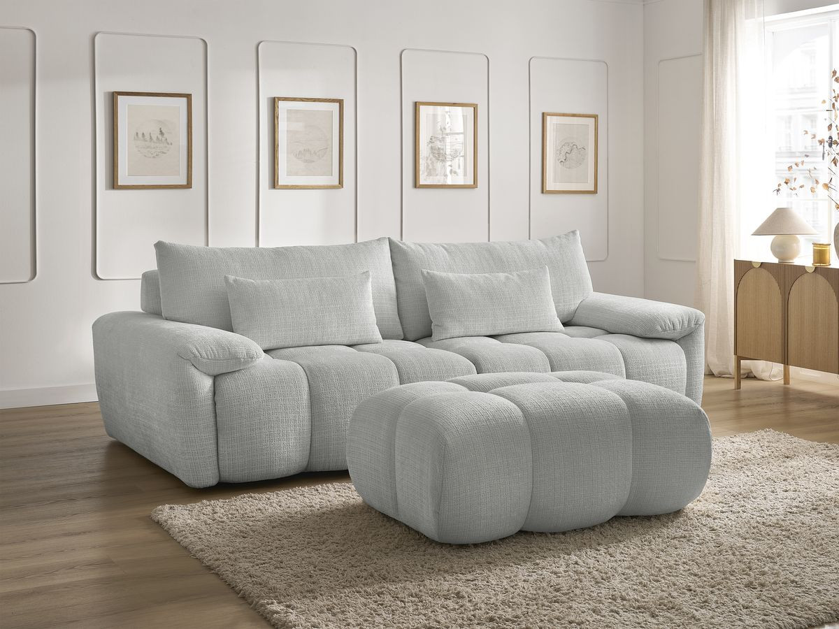 Canapé droit fixe 3 places IVANE tissu texturé avec pouf
