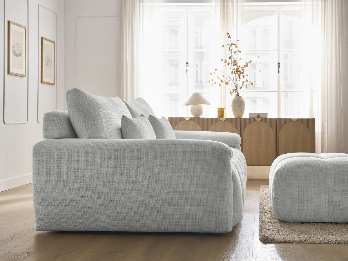 Canapé droit fixe 3 places IVANE tissu texturé avec pouf