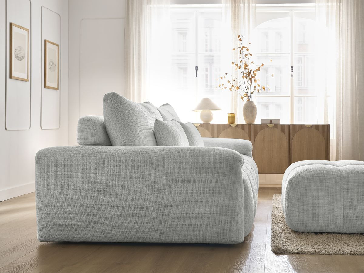 Canapé droit fixe 3 places IVANE tissu texturé avec pouf
