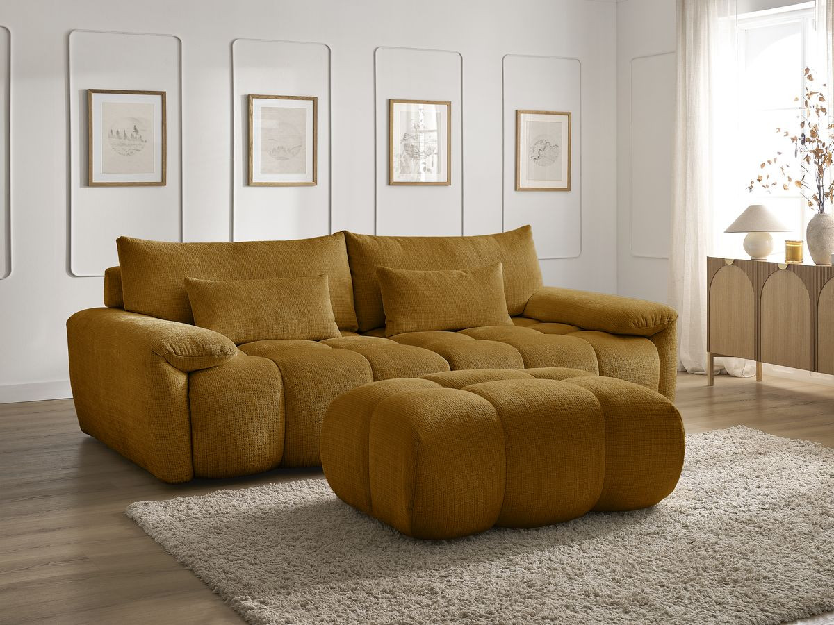 Canapé droit fixe 3 places IVANE tissu texturé avec pouf