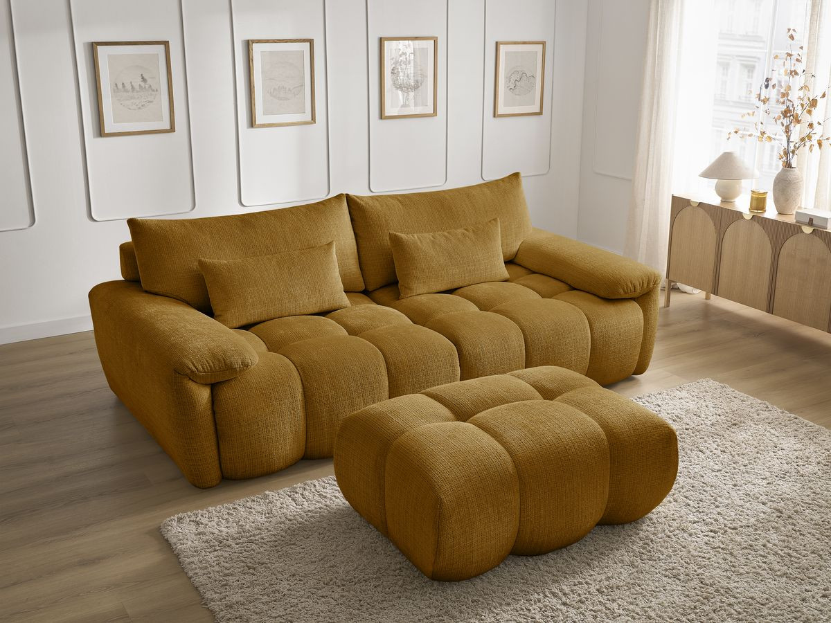 Canapé droit fixe 3 places IVANE tissu texturé avec pouf