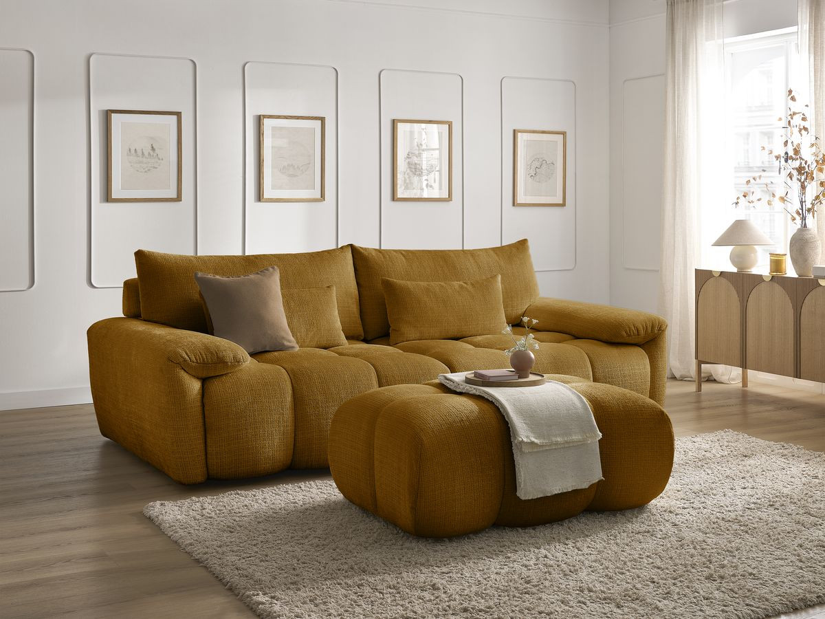 Canapé droit fixe 3 places IVANE tissu texturé avec pouf