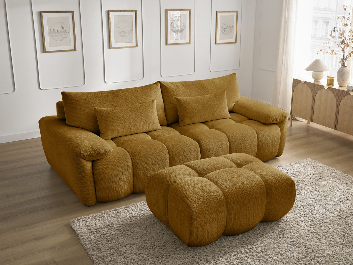 Canapé droit fixe 3 places IVANE tissu texturé avec pouf