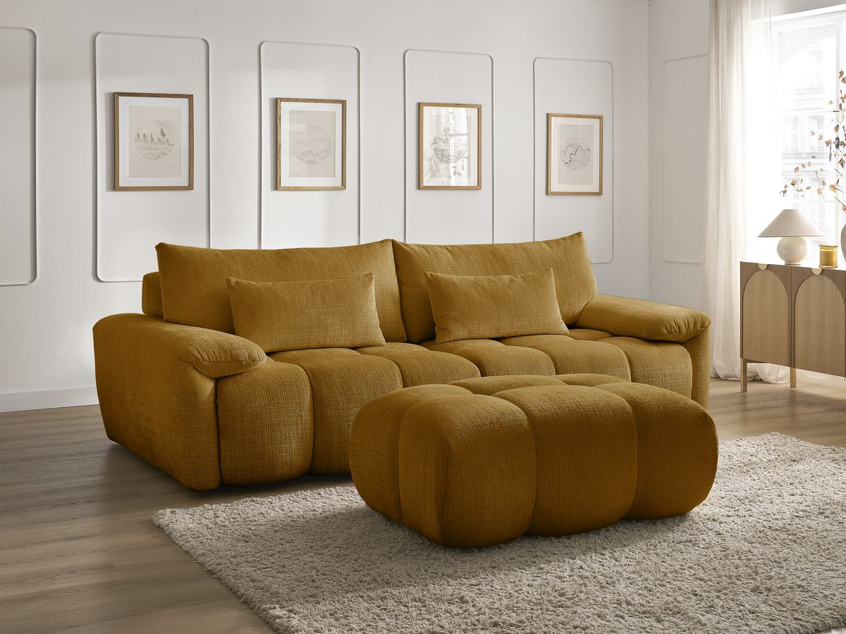Canapé droit fixe 3 places IVANE tissu texturé avec pouf