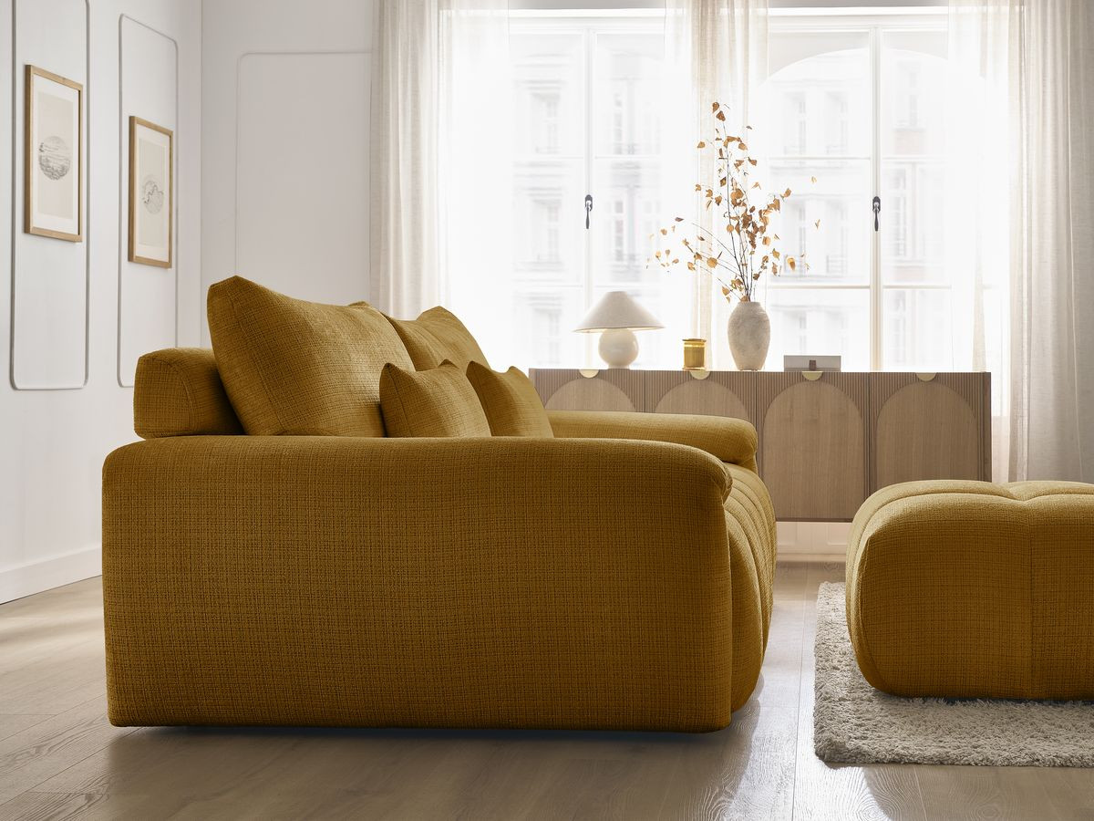 Canapé droit fixe 3 places IVANE tissu texturé avec pouf