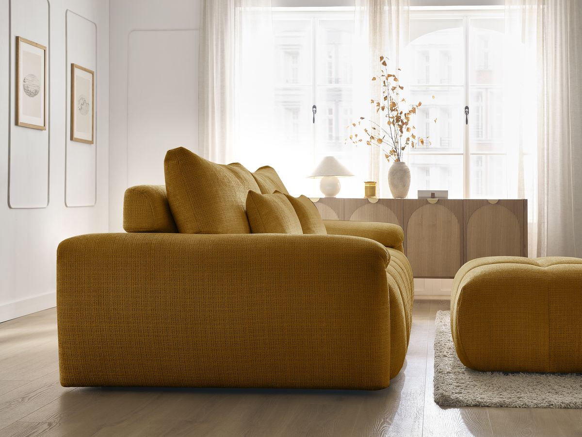 Canapé droit fixe 3 places IVANE tissu texturé avec pouf