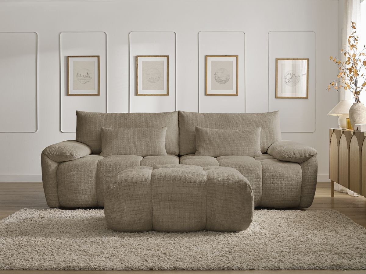 Canapé droit 3 places IVANE texturé avec pouf taupe — vue 5