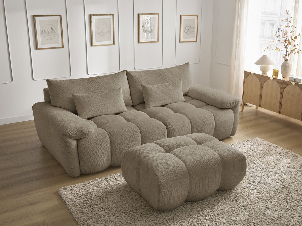 Canapé droit fixe 3 places IVANE tissu texturé avec pouf