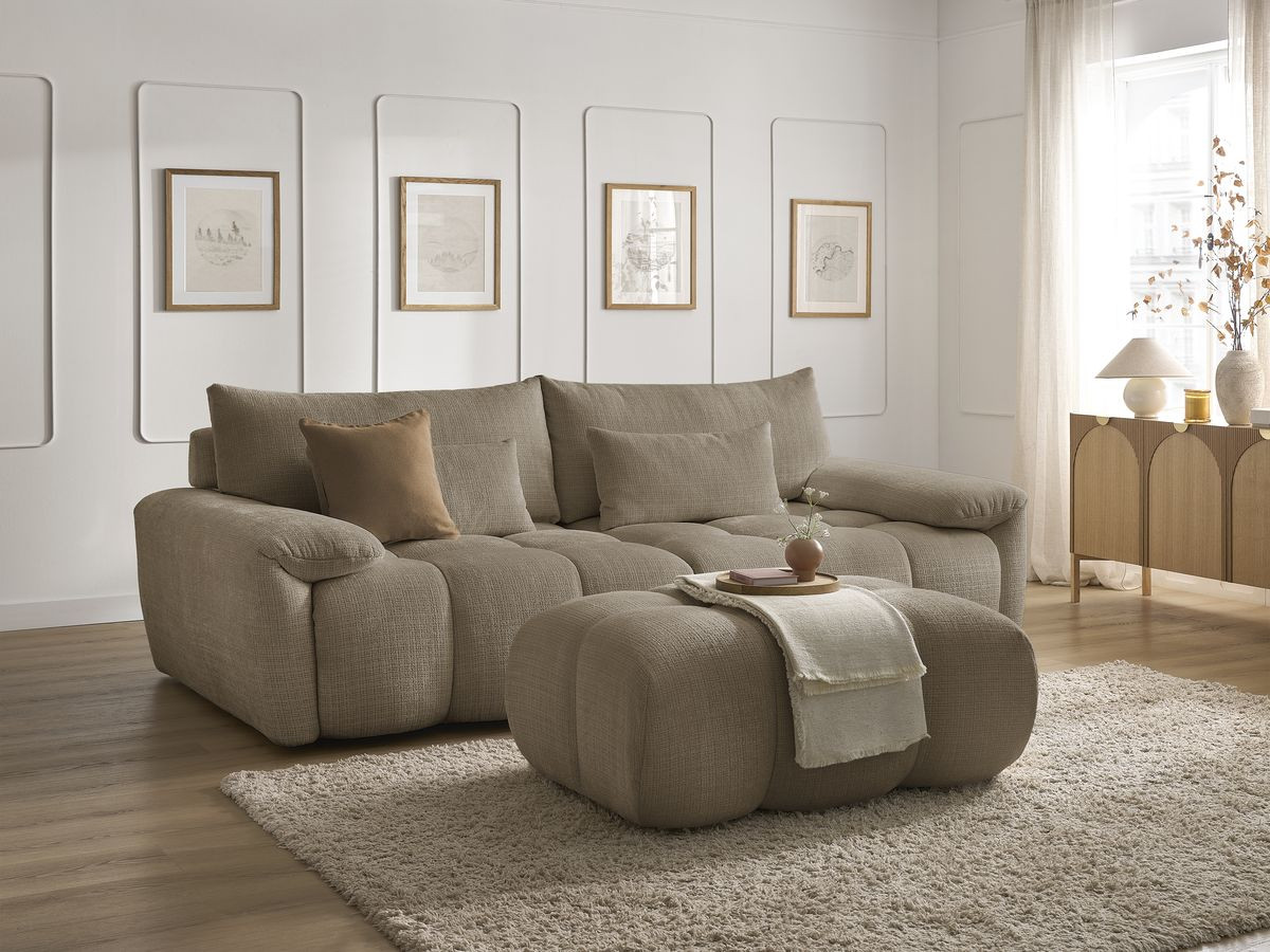 Canapé droit fixe 3 places IVANE tissu texturé avec pouf