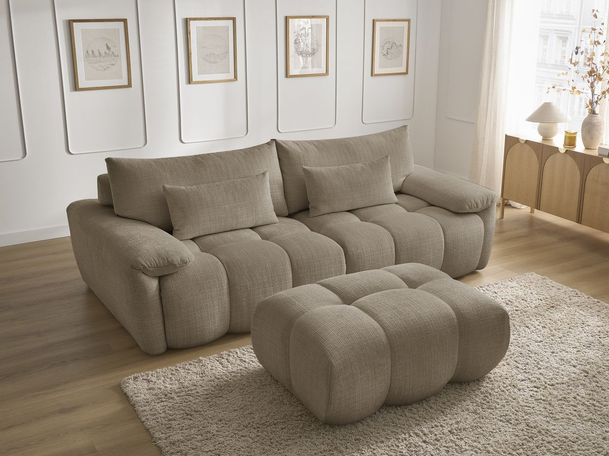 Canapé droit fixe 3 places IVANE tissu texturé avec pouf