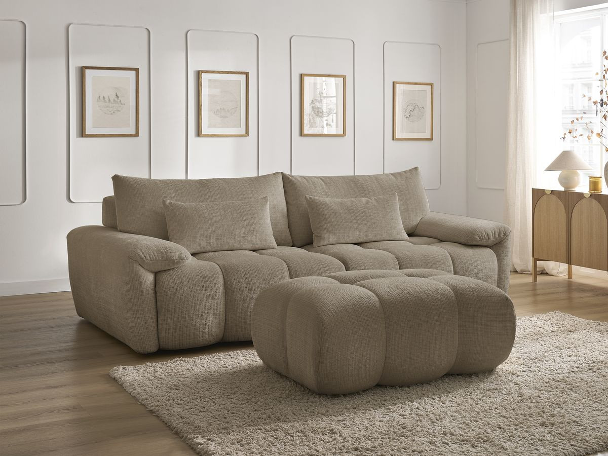 Canapé droit fixe 3 places IVANE tissu texturé avec pouf