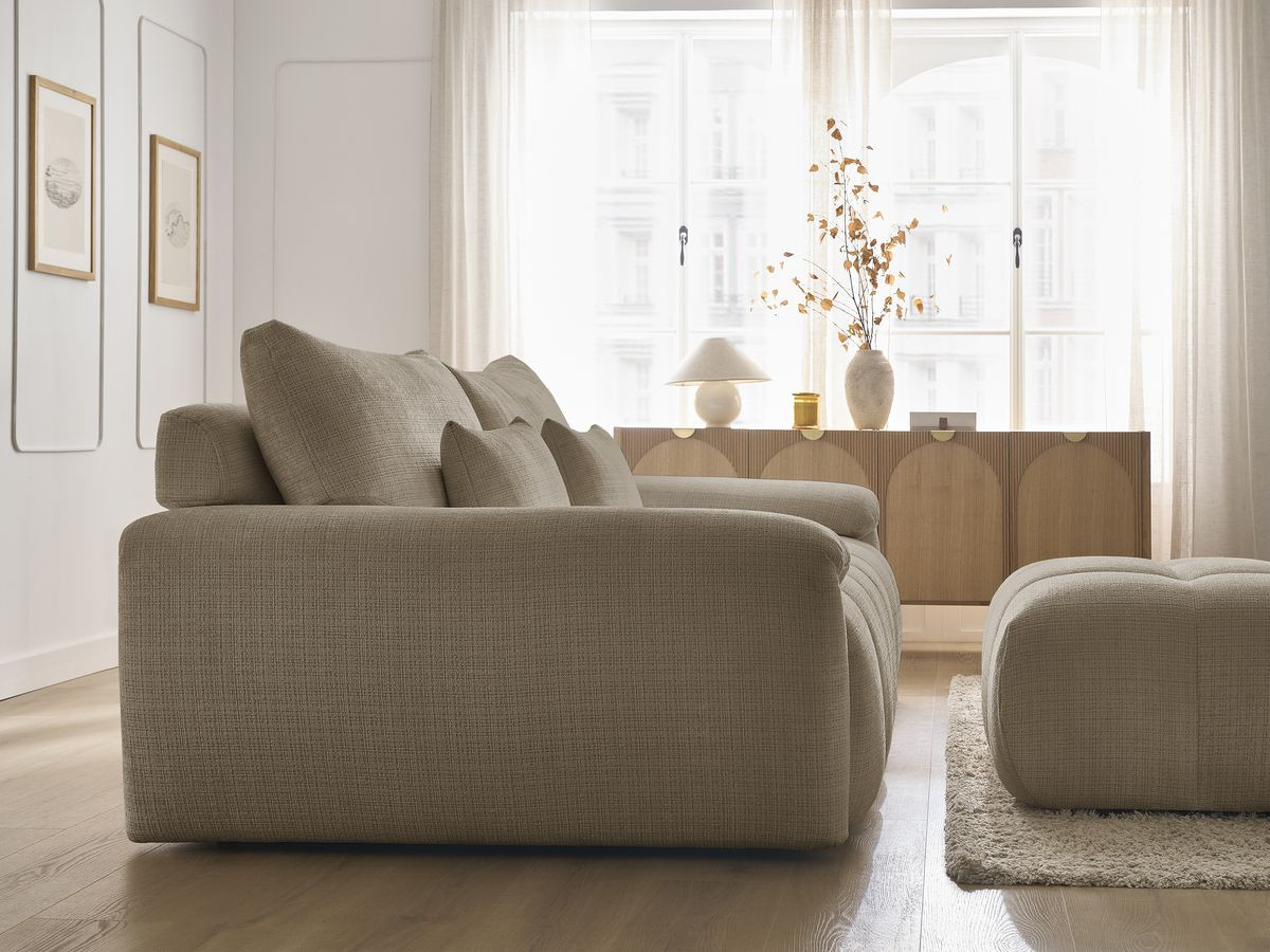 Canapé droit fixe 3 places IVANE tissu texturé avec pouf