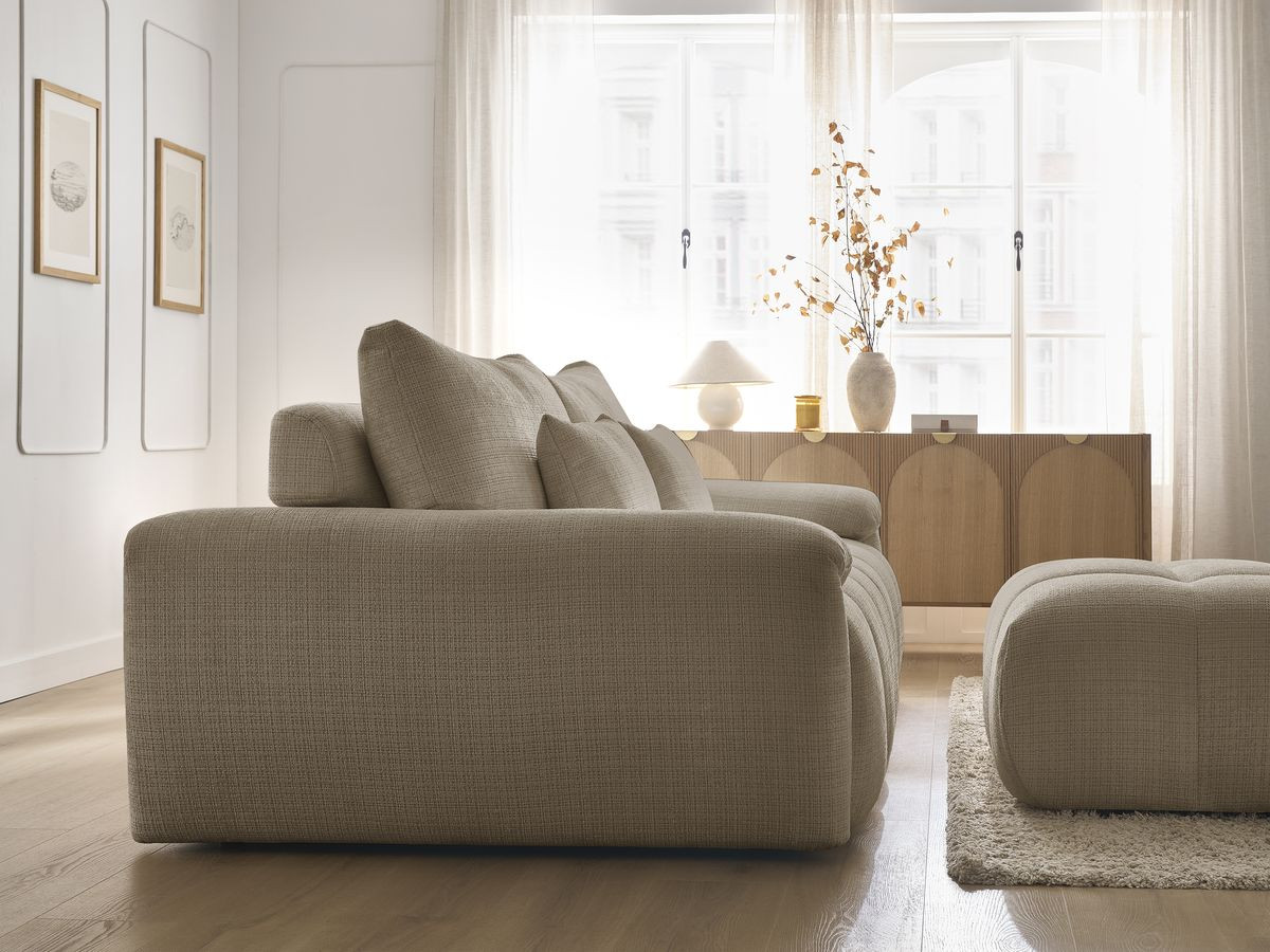Canapé droit fixe 3 places IVANE tissu texturé avec pouf