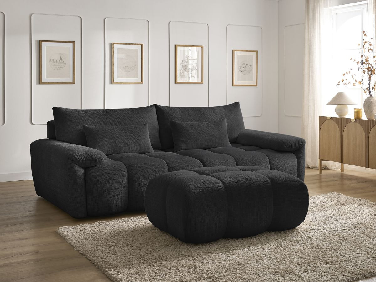 Canapé droit fixe 3 places IVANE tissu texturé avec pouf