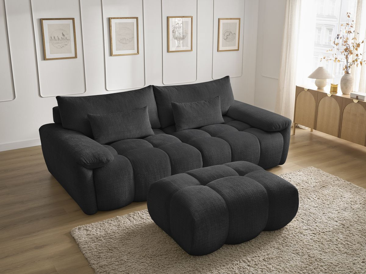 Canapé droit fixe 3 places IVANE tissu texturé avec pouf