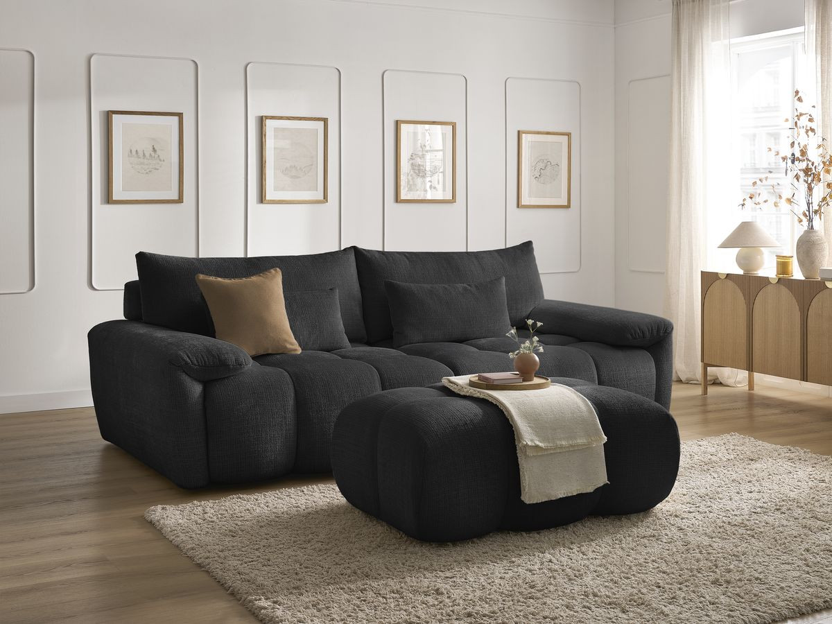 Canapé droit fixe 3 places IVANE tissu texturé avec pouf