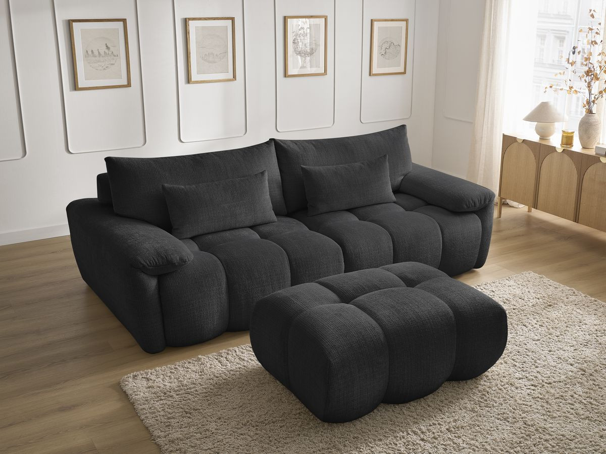 Canapé droit fixe 3 places IVANE tissu texturé avec pouf