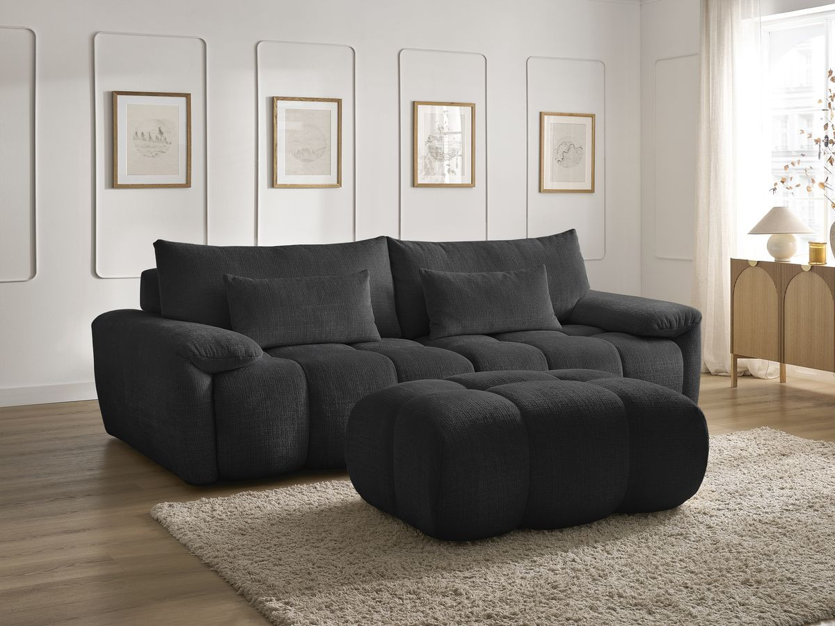 Canapé droit fixe 3 places IVANE tissu texturé avec pouf