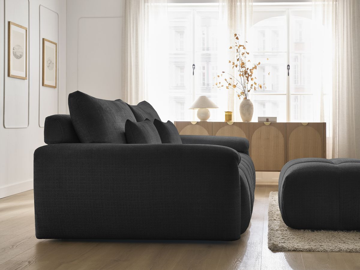 Canapé droit fixe 3 places IVANE tissu texturé avec pouf