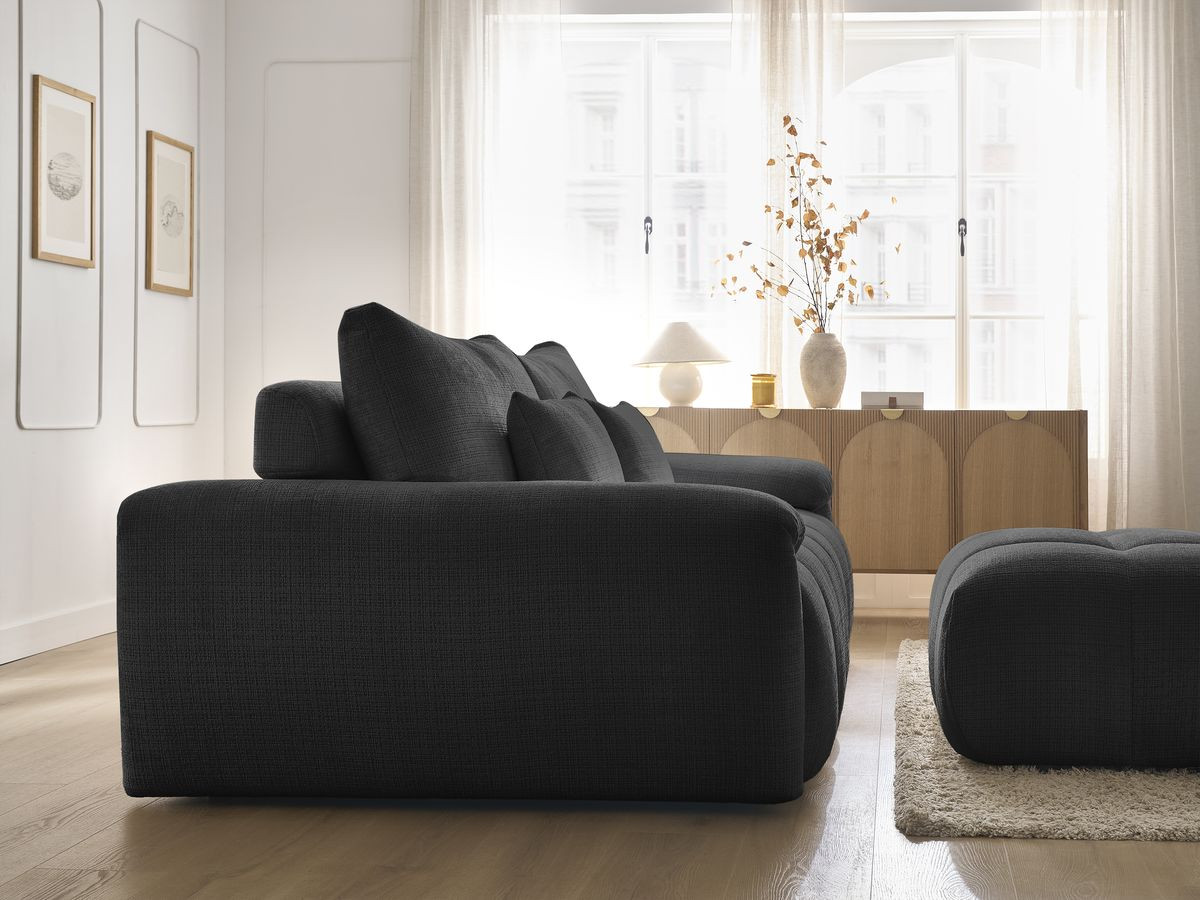 Canapé droit fixe 3 places IVANE tissu texturé avec pouf