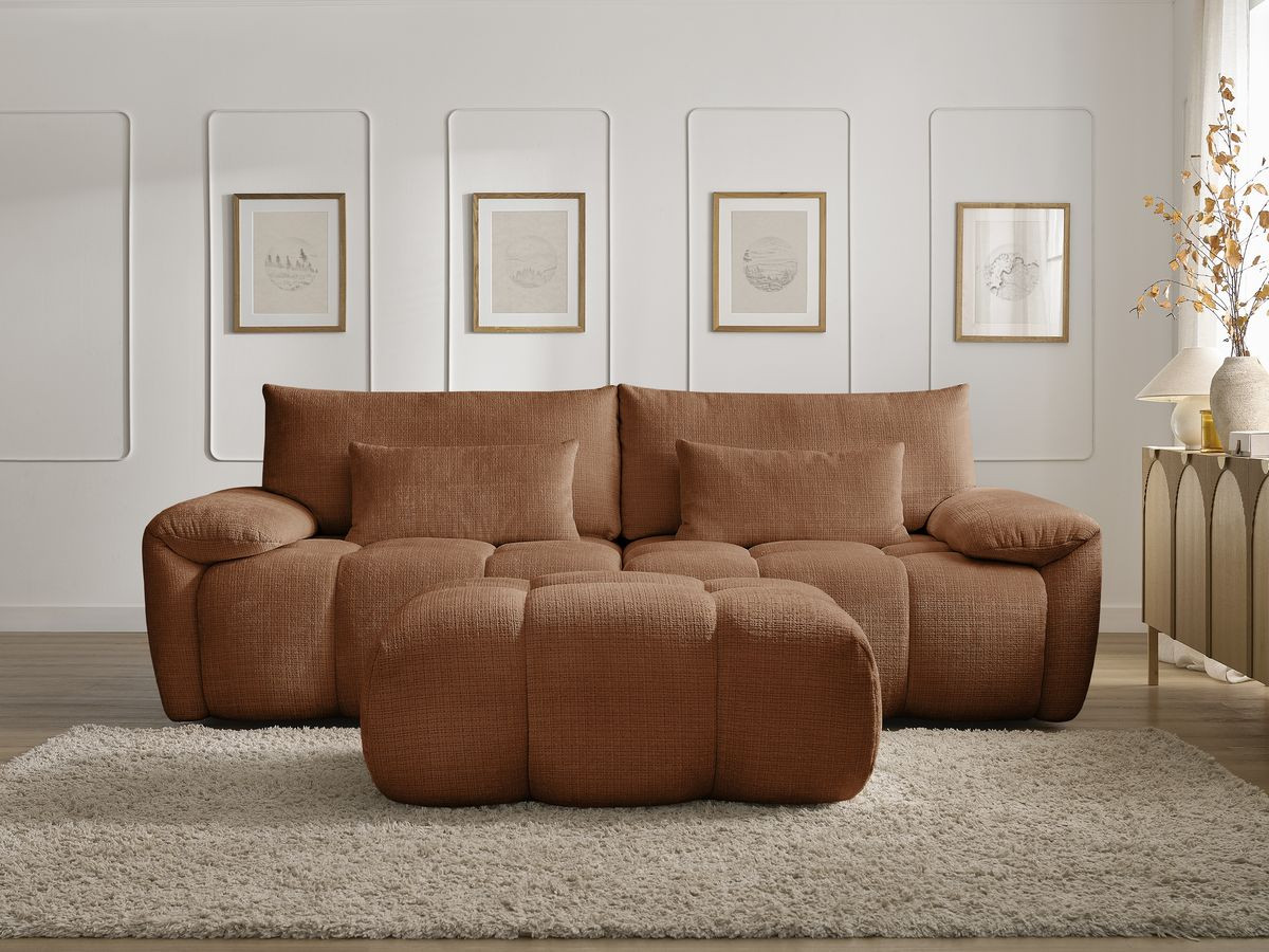 Canapé droit 3 places IVANE texturé avec pouf orange — vue 5