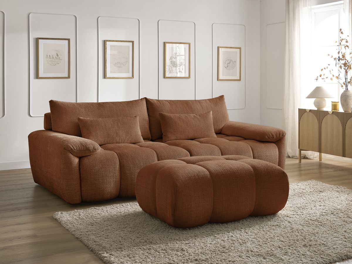 Canapé droit fixe 3 places IVANE tissu texturé avec pouf
