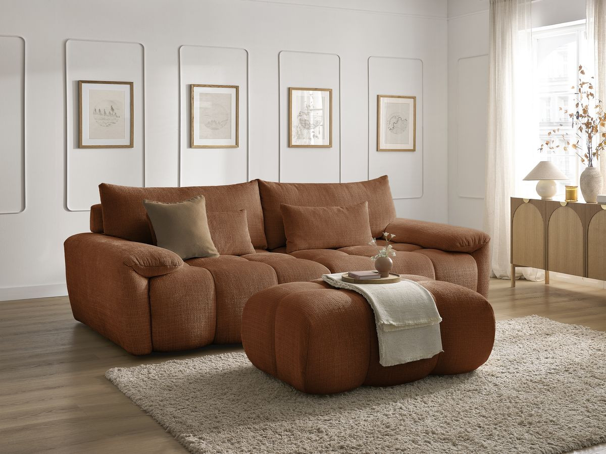 Canapé droit fixe 3 places IVANE tissu texturé avec pouf