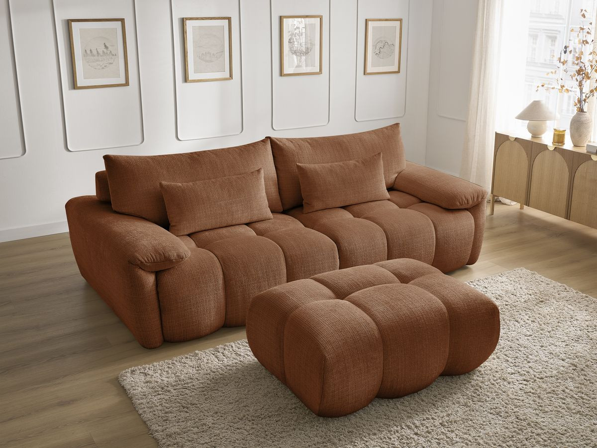 Canapé droit fixe 3 places IVANE tissu texturé avec pouf