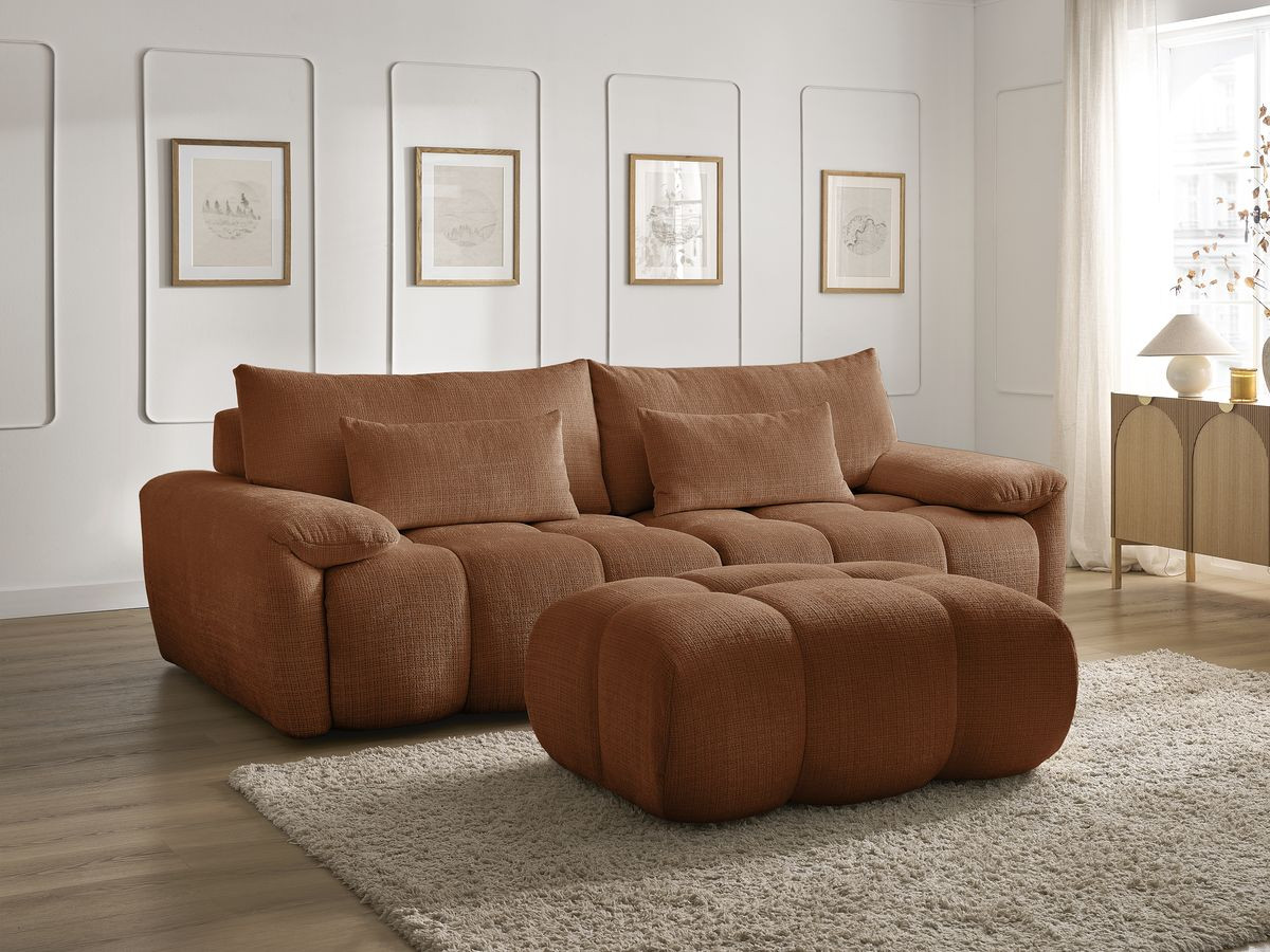 Canapé droit fixe 3 places IVANE tissu texturé avec pouf