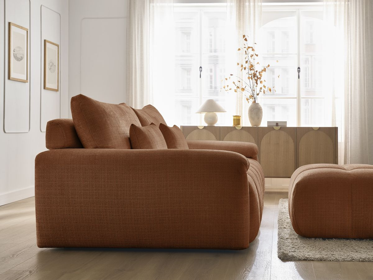 Canapé droit fixe 3 places IVANE tissu texturé avec pouf