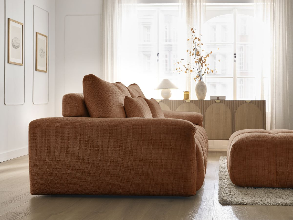Canapé droit fixe 3 places IVANE tissu texturé avec pouf