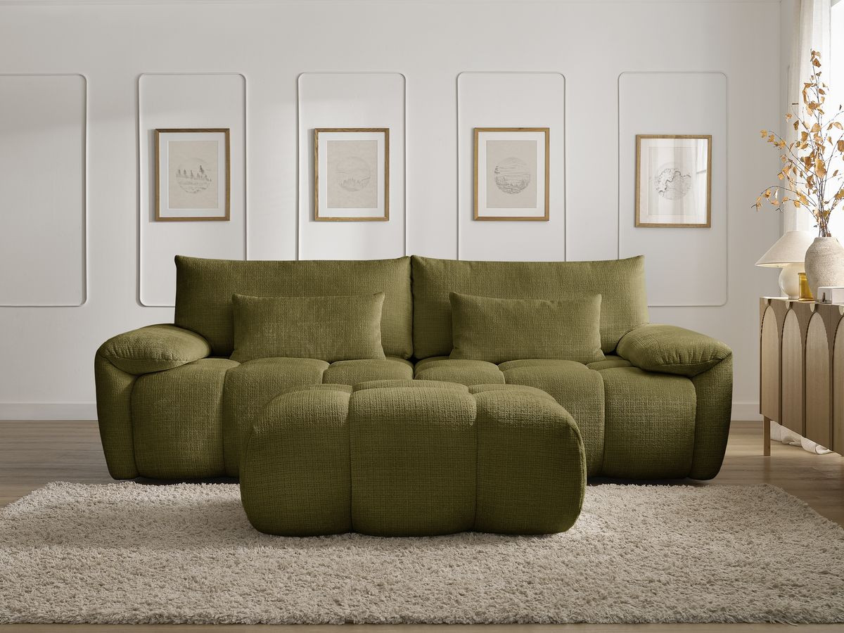 Canapé droit 3 places IVANE texturé avec pouf vert — vue 5