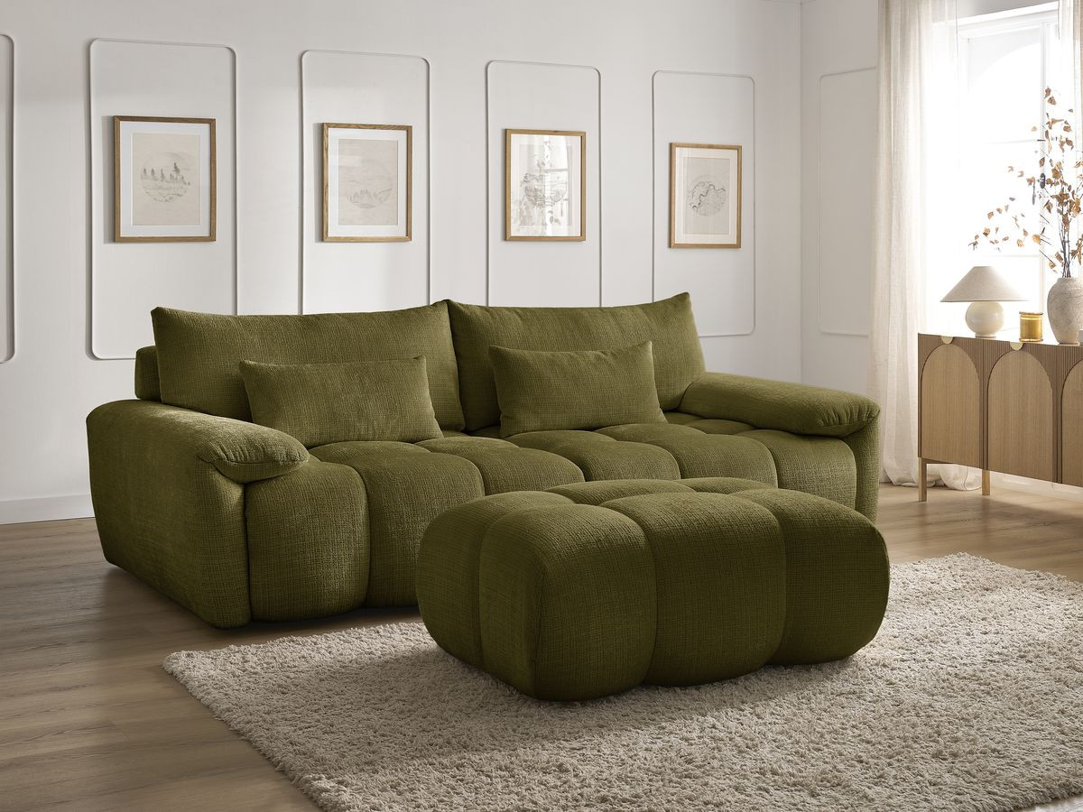 Canapé droit fixe 3 places IVANE tissu texturé avec pouf
