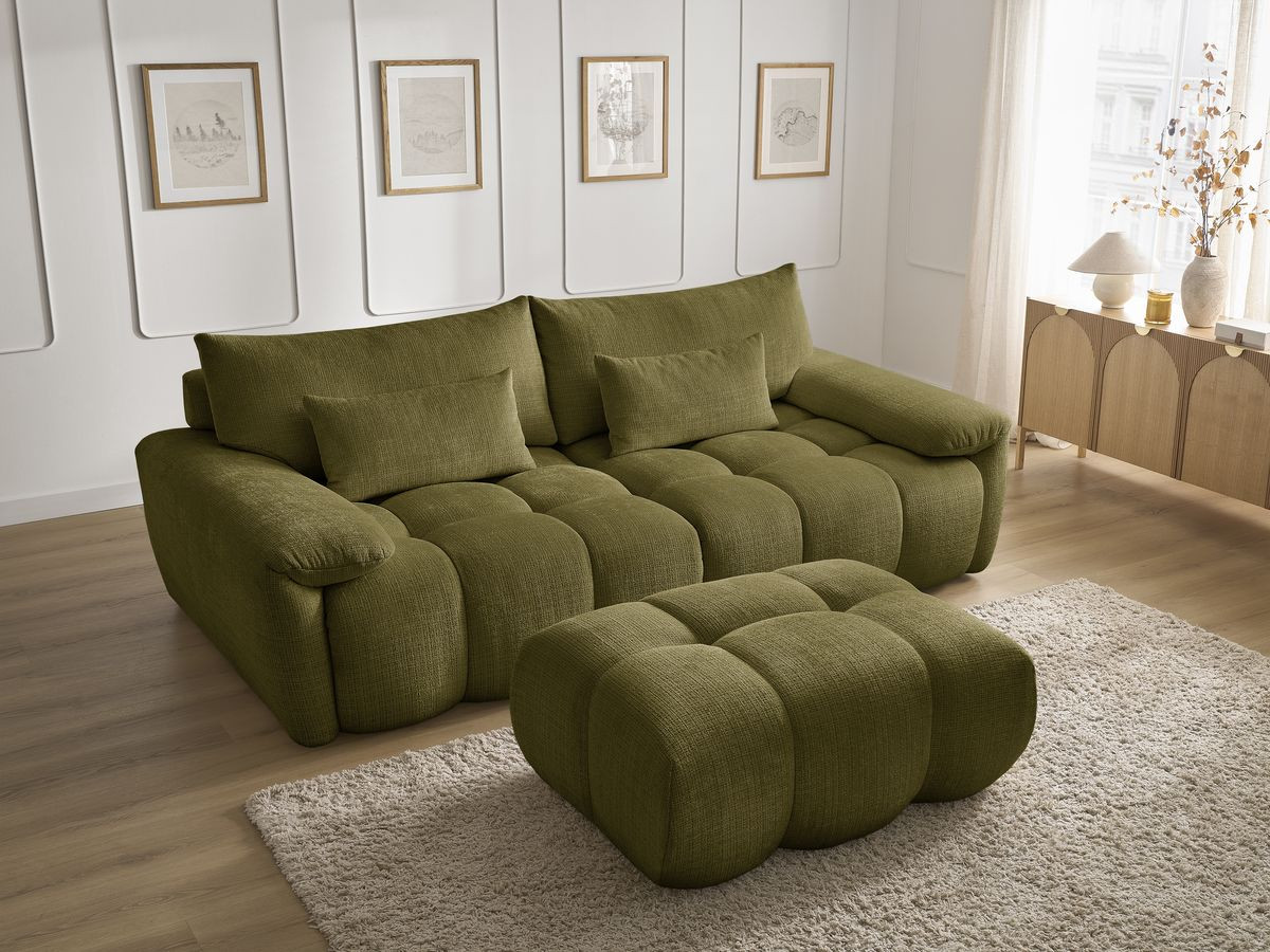Canapé droit fixe 3 places IVANE tissu texturé avec pouf